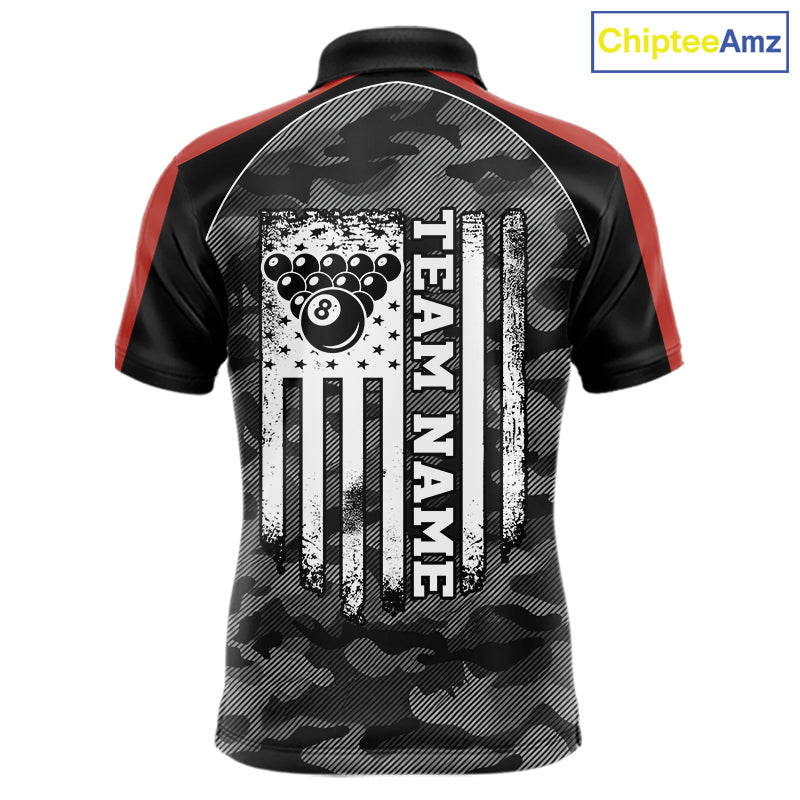Grey camouflage American flag 8 ball billiard polo shirt for men with custom pool team graphics.