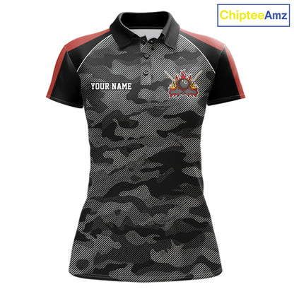 Grey camouflage American flag 8 ball billiard polo shirt for women with custom pool team graphics.