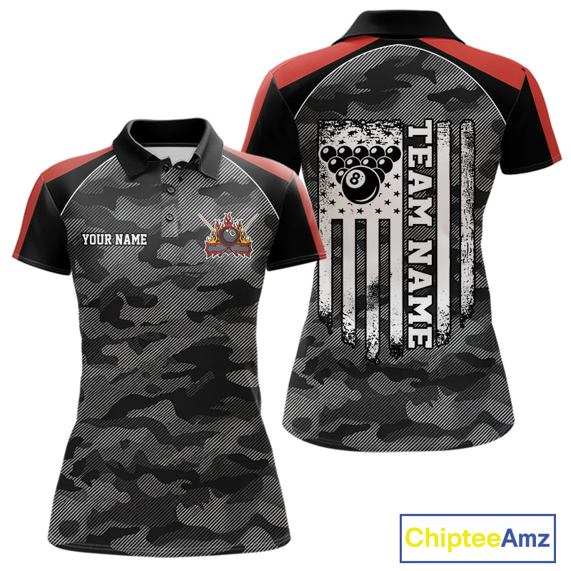 Grey camouflage American flag 8 ball billiard polo shirt for women with custom pool team graphics.