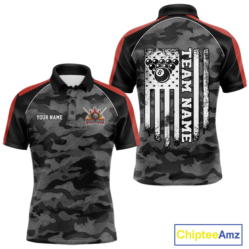 Grey camouflage American flag 8 ball billiard polo shirt for men with custom pool team graphics.