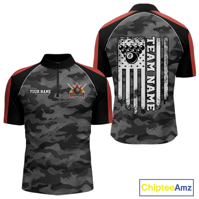 Grey camouflage American flag 8 ball billiard quarter zip shirt for men designed for league tournaments and team events.