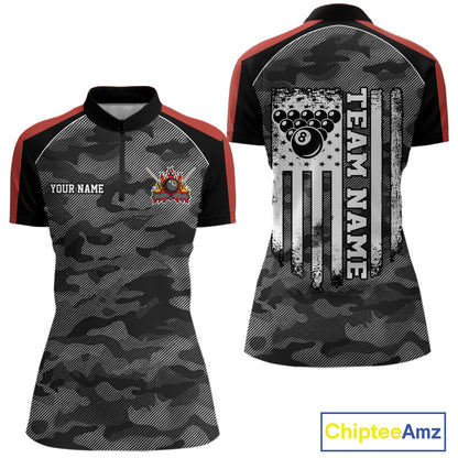 Grey camouflage American flag 8 ball billiard quarter zip shirt for women designed for league tournaments and team events.