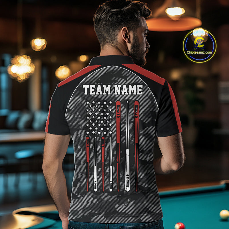 Back view of man wearing a red camo American flag pool shirt in a billiards hall.