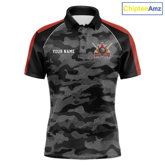 Red camouflage American flag 8 ball billiard polo shirt for men with custom pool team graphics.