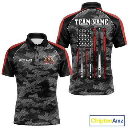 Red camouflage American flag 8 ball billiard polo shirt for men with custom pool team graphics.