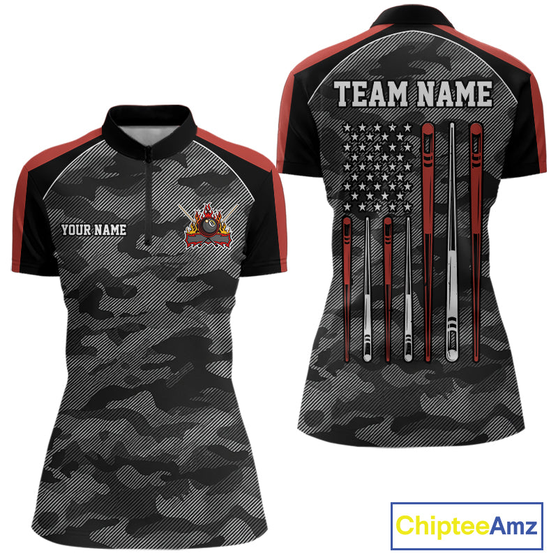 Red camouflage American flag 8 ball billiard quarter zip shirt for women built for tournaments and league competition.