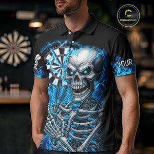 Blue Flaming Lightning Skeleton Darts Shirt For Men Custom Darts Jersey Team Polo & Quarter Zip TDM4344