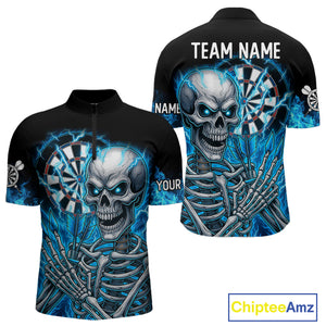 Blue Flaming Lightning Skeleton Darts Shirt For Men Custom Darts Jersey Team Polo & Quarter Zip TDM4344