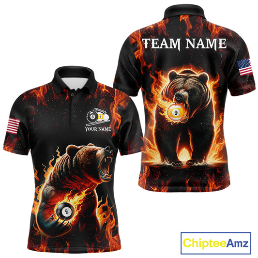Custom funny bear 8 ball and 9 ball pool fire flame billiard team jersey polo shirt for men featuring a colorful flaming bear design, premium custom pool league apparel for tournaments.