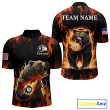 Load image into Gallery viewer, Custom funny bear 8 ball and 9 ball pool fire flame billiard team jersey quarter zip shirt for men featuring vibrant fire bear artwork and premium league styling.