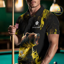 Load image into Gallery viewer, Man wearing custom yellow flaming 9 ball pool bear billiard team jersey polo shirt featuring the fiery bear artwork, front view.