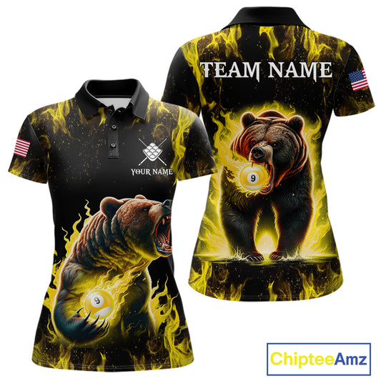 Custom yellow flaming 9 ball pool bear billiard team jersey polo shirt for women featuring a fierce bear with blazing flame artwork, premium pool league apparel for tournaments and competitive play.