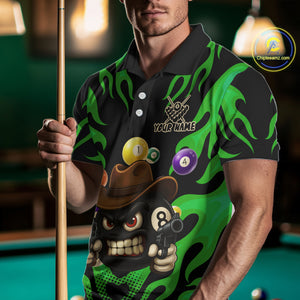 Personalized Green Funny Flame 8 Ball Billiard Shirt For Men Custom Pool Team Jersey Polo, 1/4 Zip TDM4985