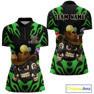 Personalized Green Funny Flame 8 Ball Billiard Shirt For Women Custom Pool Team Jersey Polo, 1/4 Zip TDM4985