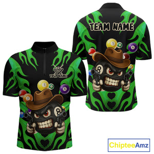 Personalized Green Funny Flame 8 Ball Billiard Shirt For Men Custom Pool Team Jersey Polo, 1/4 Zip TDM4985