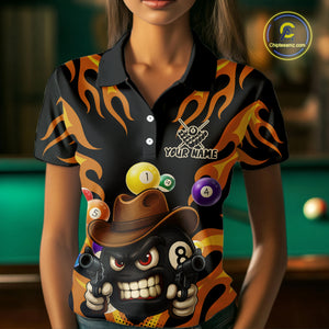 Orange Funny Flame 8 Ball Billiard Shirt For Women Custom Pool Team Jersey Polo & Quarter Zip TDM4986