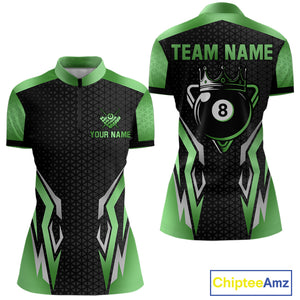 Black And Green 8 Ball Pool Crown Billiard Shirt For Women Custom Billiard Jersey Polo & 1/4 Zip TDM4991