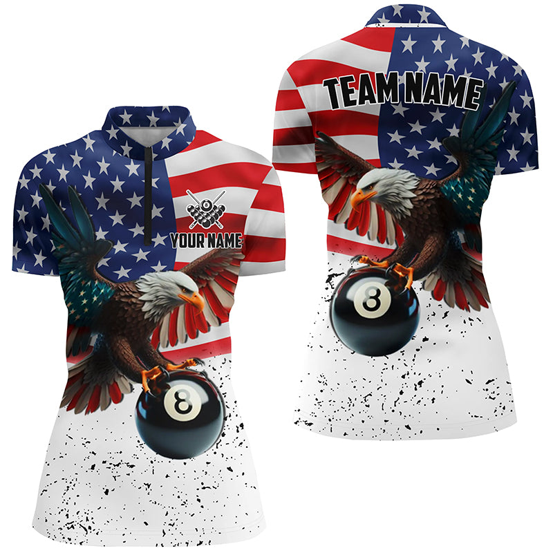 Billiard 8 Ball Eagle US Flag Personalized Women Quarter-Zip Shirt, 3D Eagle Billiard Shirts TDM1095