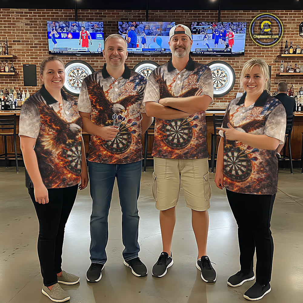 Personalized Grunge Fire Eagle Darts Shirt For Women, Patriotic Darts Jersey Team Polo & 1/4 Zip TDM5911