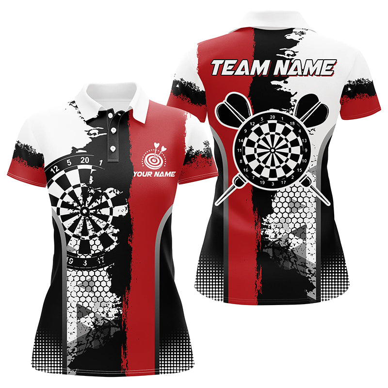 Personalized Black Red Grunge Style Darts Polo Shirts For Women Custom Name Darts Team Jerseys TDM1215