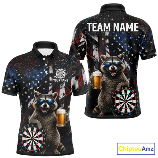 Funny Raccoon Grunge American Flag Darts Shirt For Men Custom Darts Jersey Team Polo & 1/4 Zip TDM6483