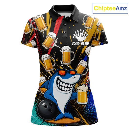 Colorful Graffiti Funny Shark And Beer Bowling Polo, 1/4 Zip For Women Custom Bowling Team Jersey TDM6488