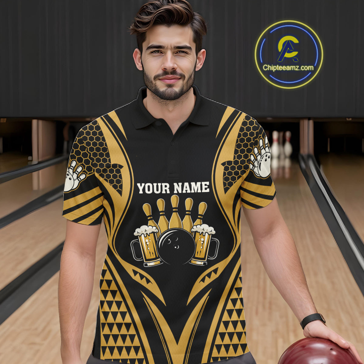 Man Wearing Black And Gold Tribal Beer Bowling Polo Shirt Front View Custom Bowling Jersey