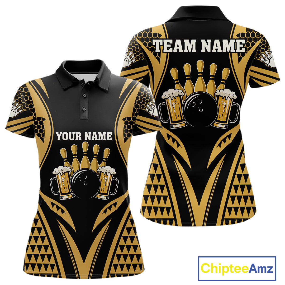 Black And Gold Tribal Beer Bowling Custom Polo Shirt For Women Bowling League Team Jersey