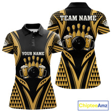 Load image into Gallery viewer, Black And Gold Tribal Beer Bowling Custom Polo Shirt For Women Bowling League Team Jersey