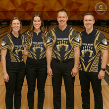 Load image into Gallery viewer, Bowling Team Wearing Black And Gold Tribal Beer Bowling Polo Shirts Front View
