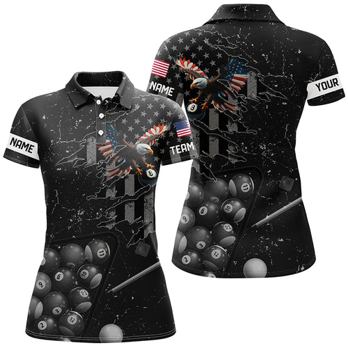 Customized Eagle Retro US Flag Black Billiard Shirts For Women, Best Patriotic Pool Player Shirts TDM2197