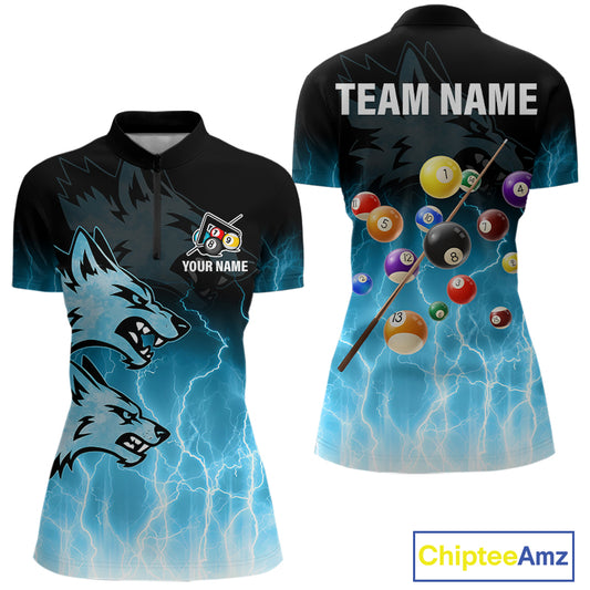 Custom Billiard Shirt For Women –  Blue Thunder Lightning Wolf Pool Balls Team Jersey Polo & 1/4 Zip TDM4558