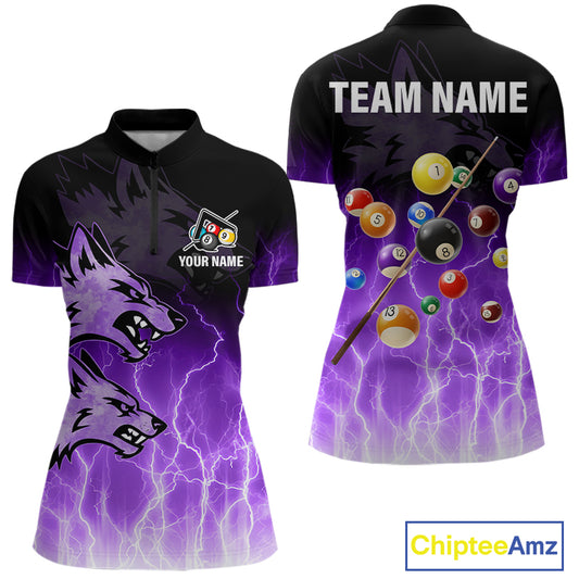 Custom Billiard Shirt For Women, Purple Thunder Lightning Wolf Pool Balls Team Jersey Polo & 1/4 Zip TDM4559
