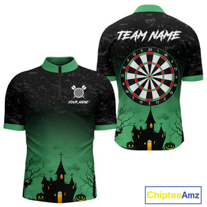 Custom Black And Green Halloween Darts Shirt For Men, Darts Jerseys Outfit Team Polo & 1/4 Zip TDM4566