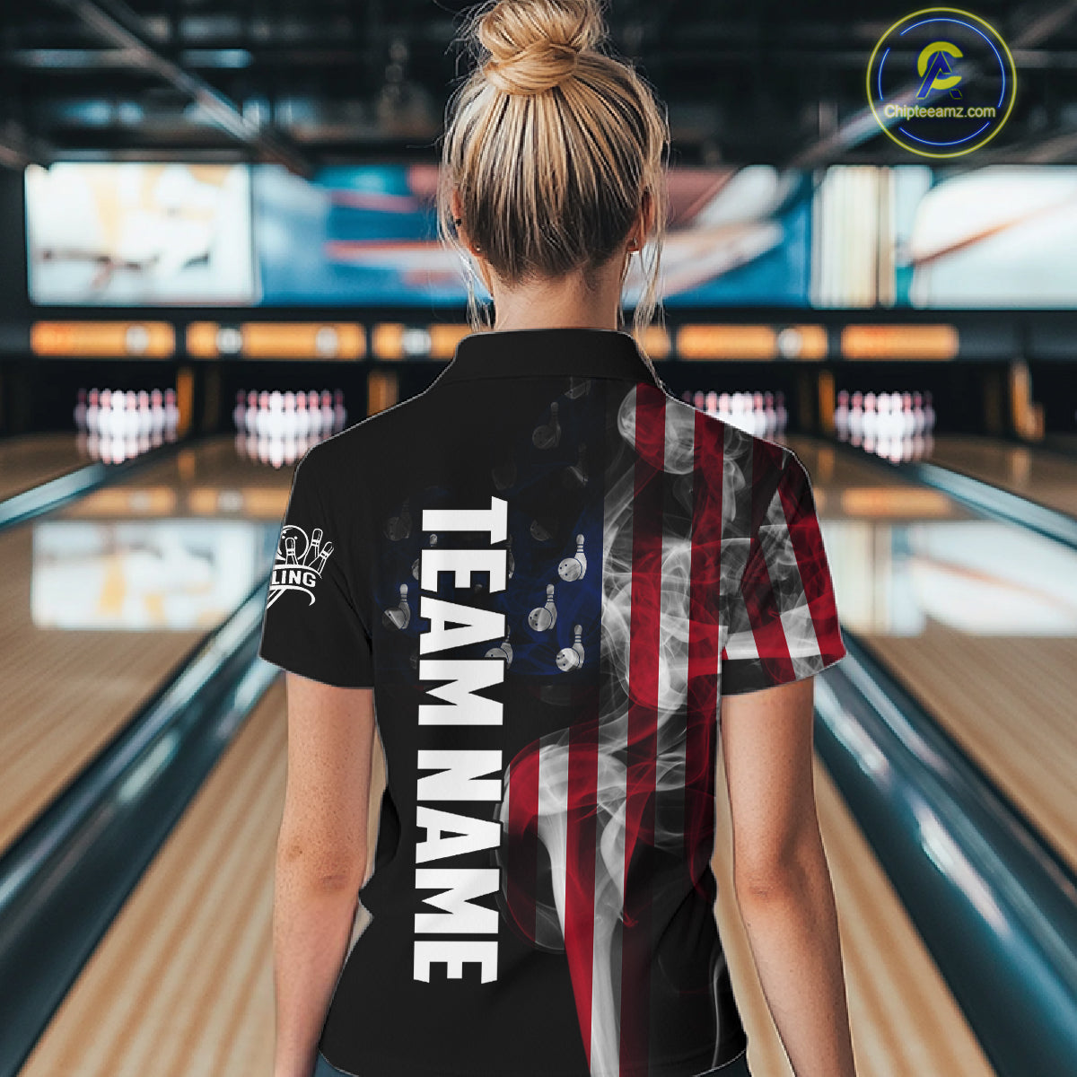 Personalized Smoke American Flag Bowling Jersey For Women Custom Patriotic Bowling Team Shirts TDM7213
