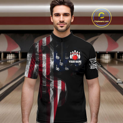 Personalized Smoke American Flag Bowling Jersey For Men Custom Patriotic Bowling Team Shirts TDM7213