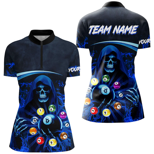 Blue Grim Reaper Custom Billiard Balls Pool Jerseys For Women, 3D Printed Billiard Team Shirts TDM2468