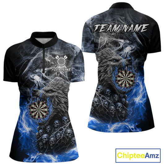 Personalized Wolf And Skull Smoke Blue Womens Dart Shirts Custom Dart Jerseys Team Polo & 1/4 Zip TDM5186