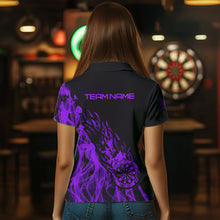 Load image into Gallery viewer, Black And Purple Fire Flame Darts Polo &amp; Quarter Zip Custom Dart Shirt For Women Dart Jerseys TDM3409