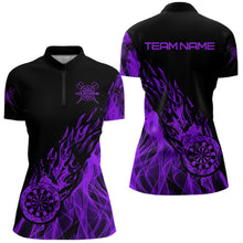 Load image into Gallery viewer, Black And Purple Fire Flame Darts Polo &amp; Quarter Zip Custom Dart Shirt For Women Dart Jerseys TDM3409