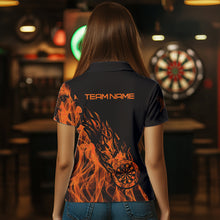 Load image into Gallery viewer, Black And Orange Fire Flame Darts Polo &amp; Quarter Zip Custom Dart Shirt For Women Dart Jerseys TDM3410