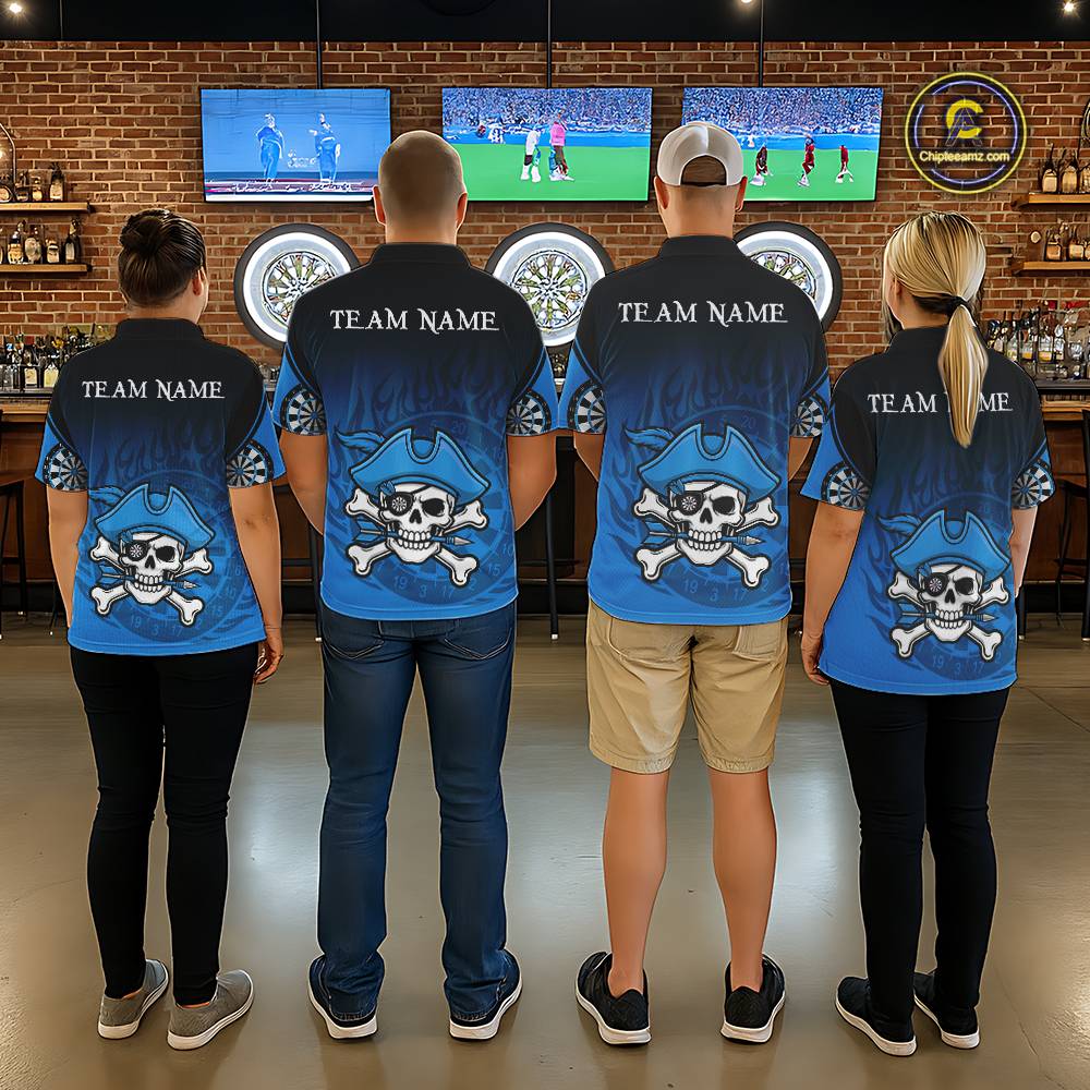 Black And Blue Funny Pirate Flame Skull Darts Shirt For Men Custom Dart Jersey Team Polo, 1/4 Zip TDM5703