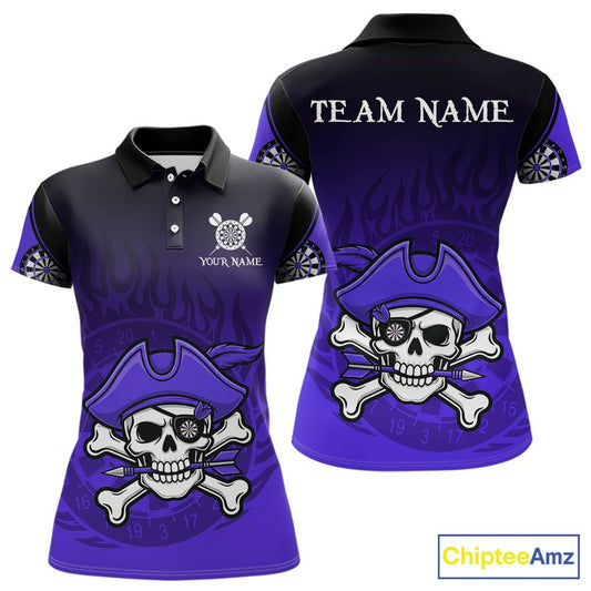 Black Purple Funny Pirate Flame Skull Darts Shirt For Women Custom Dart Jerseys Team Polo & 1/4 Zip TDM5704