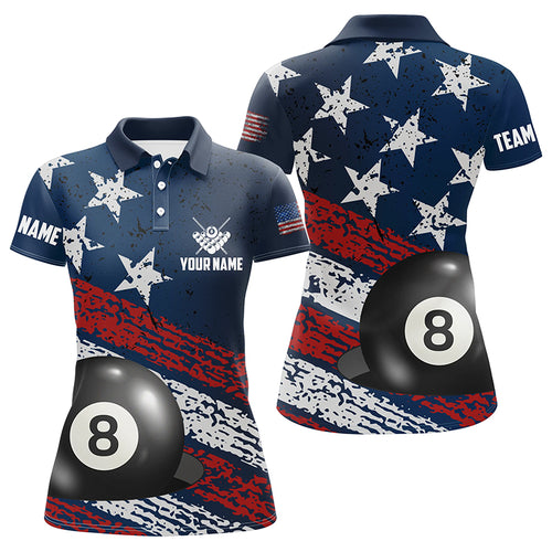 Grunge American Flag 8 Ball Pool Women Billiard Polo Shirts Custom Patriotic Billiard Attire Jerseys TDM1223