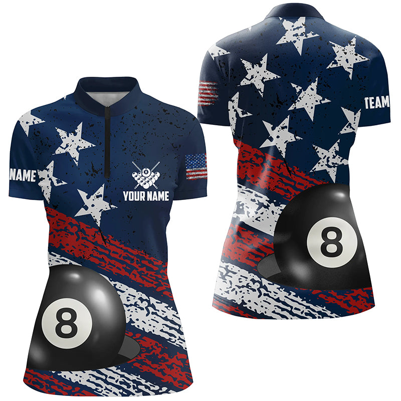 Grunge US Flag 8 Ball Pool Women Quarter-Zip Shirts Custom Patriotic Billiard Attire Jerseys TDM1223