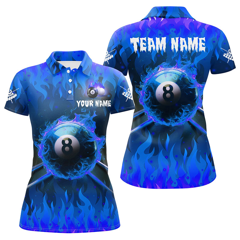 Personalized 3D 8 Ball Pool Fire Women Polo Shirts Custom Billiard Apparel Jerseys |Blue TDM1434