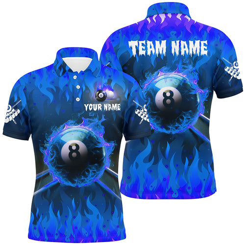 Personalized 3D 8 Ball Pool Fire Men Polo Shirts Custom Billiard Apparel Jerseys |Blue TDM1434