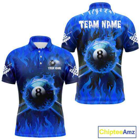 Personalized Blue 8 Ball Fire Flame Billiard Shirt For Men, Pool Team Jersey Polo & 1/4 Zip TDM1434