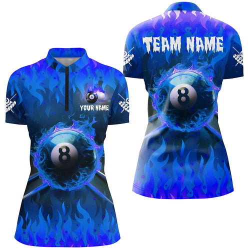 Personalized Blue 3D 8 Ball Pool Fire Women Quarter-Zip Shirts Custom Billiard Apparel TDM1434