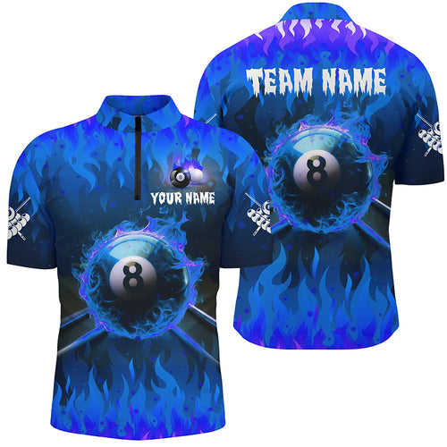 Personalized Blue 3D 8 Ball Pool Fire Men Quarter-Zip Shirts Custom Billiard Apparel TDM1434